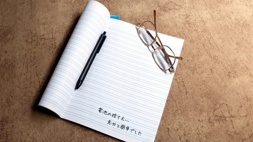 まとめ

ノートとペンとメガネ

ノートに「電池の捨て方…」
　　　　「意外と簡単でした」
と書かれている。