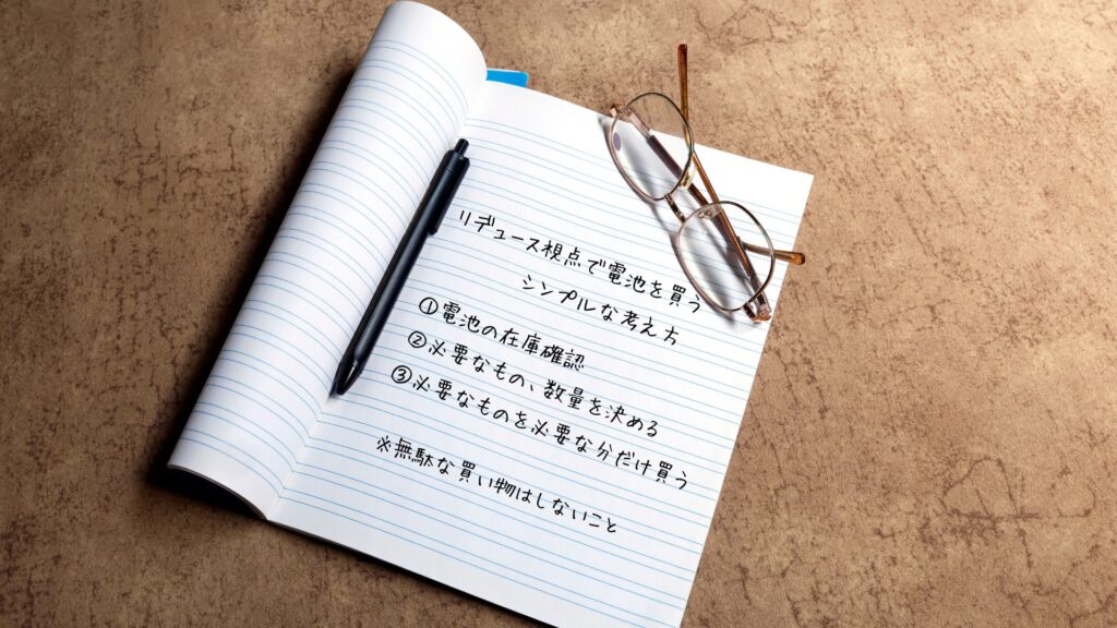 リデュース視点で電池を買うシンプルな考え方

①電池の在庫確認
②必要なもの、数量を決める
③必要なものを必要な分だけ買う

※無駄な買い物はしないこと