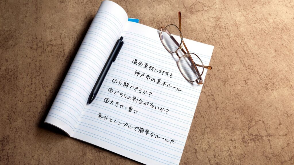 まとめ

ノートに
混合素材に対する神戸市の基本ルール

①分解できるか？
②どちらの割合が多いか？
③大きさ・重さ

意外とシンプルで簡単なルールだ

と書かれている。

ノートのそばにペンとメガネが置かれている。